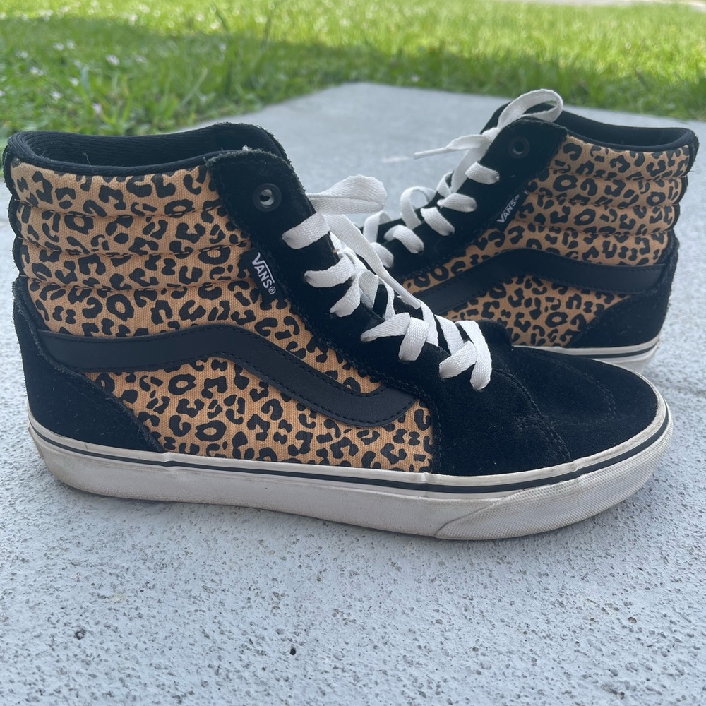 Vans Sk8-Hi Leopard Print High Top Sneakers in Black and Tan